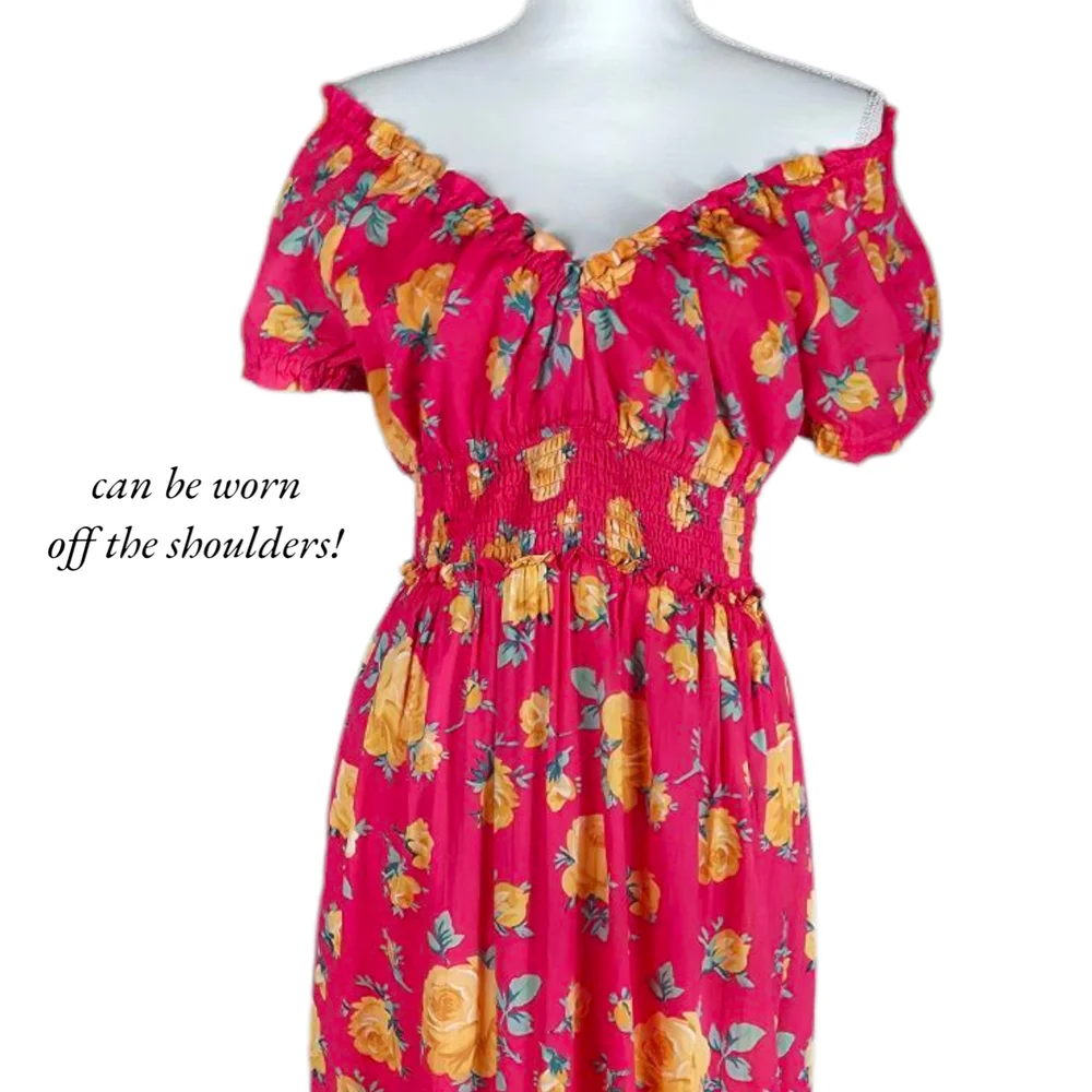 NEW Betsey Johnson Reddish Pink Color with Yellow Rose Print Maxi Dress size L - Picture 7 of 14